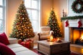 Christmas Elegance, Glistening Ornaments and Cozy Fireplace, AI Generated