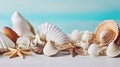 Invoking Summer Vibes with a Composition of Beach Starfish, Shells, and a White Wooden Table. Generative AI