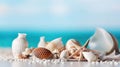 Invoking Summer Vibes with a Composition of Beach Starfish, Shells, and a White Wooden Table. Generative AI Royalty Free Stock Photo