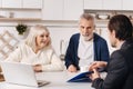 Involved senior couple having conversation with realtor at home