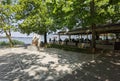 Ioannina city beside the lake pamvotis, in summer season, platanus trees lake boats , greece