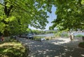 Ioannina  city beside the lake pamvotis, in summer season, platanus trees lake boats , greece Royalty Free Stock Photo