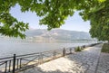 Ioannina  city beside the lake pamvotis, in summer season, platanus trees lake boats , greece Royalty Free Stock Photo