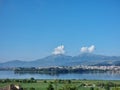 ioannina or giannena city panorama lake pamvotis in spring season greece