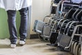 Hospital wheelchairs at the University Hospital of Ioannina, Greece.