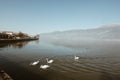 Ioannina lake in Epirus Region, Greece. Artistic panoramic view Royalty Free Stock Photo