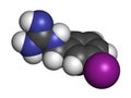 Iobenguane I-131 cancer drug molecule (radiopharmaceutical). 3D rendering. Atoms are represented as spheres with conventional