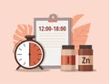 Iodine, zinc and alarm clock. Time of pill. Health care, pharmacy, medicine concept .