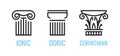 Ionic orders of ancient Greece. Ionic, Dorian, Corintian column lineart shapes isolated on white background