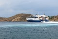 WorldChampion Jet Seajets, one of the fastest high-speed ferries leaving harbor of Ios Island,