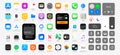 IOS 15 icons Apple inc: Apple Store, Apple ID, Swift UI, CardPointers, Widgets, SharePlay, Podcasts, iTunes, iBooks, Apple TV,