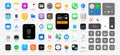 IOS 15 icons Apple inc: Apple Store, Apple ID, Swift UI, CardPointers, Widgets, SharePlay, Podcasts, iTunes, iBooks, Apple TV,