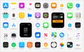 IOS 15 icons Apple inc: Apple Store, Apple ID, Swift UI, CardPointers, Widgets, SharePlay, Podcasts, iTunes, iBooks, Apple TV,
