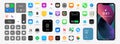 IOS 15 icons Apple inc: Apple Store, Apple ID, Swift UI, CardPointers, Widgets, SharePlay, Podcasts, iTunes, iBooks, Apple TV,