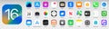 IOS 16 icons Apple inc: Apple Store, Apple ID, Swift UI, CardPointers, Widgets, SharePlay, Podcasts, iTunes, iBooks, Apple TV,