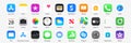IOS 13/14 icons Apple inc: Apple Store, Apple TV, iTunes, Podcasts, iMovie, iBooks, Apple TV, FaceTime, SplitMetrics, News, Clock
