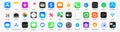 IOS 14 icons Apple inc: Apple Store, Apple TV, iTunes, Podcasts, iMovie, iBooks, Apple TV, FaceTime, SplitMetrics, News, Clock,