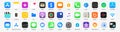 IOS 14 icons Apple inc: Apple Store, Apple TV, iTunes, Podcasts, iMovie, iBooks, Apple TV, FaceTime, SplitMetrics, News, Clock,