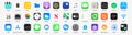 IOS 14 icons Apple inc: Apple Store, Apple TV, iTunes, Podcasts, iMovie, iBooks, Apple TV, FaceTime, SplitMetrics, News, Clock,