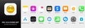 IOS 14,5 icons Apple inc: Apple Store, Apple TV, iTunes, Podcasts, iMovie, iBooks, Apple TV, FaceTime, SplitMetrics, News, Clock,