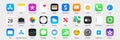 IOS 14,5 icons Apple inc: Apple Store, Apple TV, iTunes, Podcasts, iMovie, iBooks, Apple TV, FaceTime, SplitMetrics, News, Clock,