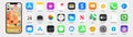 IOS 14,5 icons Apple inc: Apple Store, Apple TV, iTunes, Podcasts, iMovie, iBooks, Apple TV, FaceTime, SplitMetrics, News, Clock,