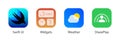 IOS 15 icons Apple inc: Swift UI, Widgets, SharePlay, Weather logos. Kyiv, Ukraine - October 10, 2021