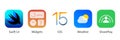 IOS 15 icons Apple inc: Swift UI, Widgets, SharePlay, Weather logos. Kyiv, Ukraine - October 10, 2021