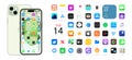 IOS 16 icons on Apple iPhone 15 screen. Apple interface. Popular apps. Apple ID, Swift UI, Apple Store, Widgets, Podcasts, iTunes