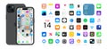 IOS 16 icons on Apple iPhone 15 screen. Apple interface. Popular apps. Apple ID, Swift UI, Apple Store, Widgets, Podcasts, iTunes