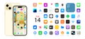 IOS 16 icons on Apple iPhone 15 screen. Apple interface. Popular apps. Apple ID, Swift UI, Apple Store, Widgets, Podcasts, iTunes