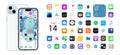 IOS 16 icons on Apple iPhone 15 screen. Apple interface. Popular apps. Apple ID, Swift UI, Apple Store, Widgets, Podcasts, iTunes Royalty Free Stock Photo