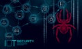 IOT cybersecurity spider concept. Personal data safety Internet of Things smart home cyber attack. Hacker attack danger