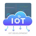 IOT development vector icon concept with smart cloud, gears and a window with program code in the background. Royalty Free Stock Photo
