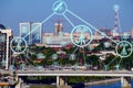 IOT, Internet smart city and network connect Wi-Fi access points. Background and Wi-Fi icons on the background of the city Royalty Free Stock Photo