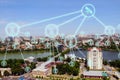 IOT, Internet smart city and network connect Wi-Fi access points. Background and Wi-Fi icons on the background of the city Royalty Free Stock Photo