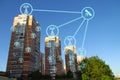 IOT, Internet smart city and network connect Wi-Fi access points. Background and Wi-Fi icons on the background of the city Royalty Free Stock Photo