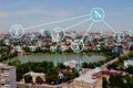 IOT, Internet smart city and network connect Wi-Fi access points. Background and Wi-Fi icons on the background of the city Royalty Free Stock Photo
