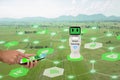 Iot, internet of things,agriculture concept.Farmer use mobile phone connect Smart Robotic artificial intelligence,ai use for man