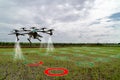 Iot smart agriculture industry 4.0 concept, drone in precision farm use for spray a water, fertilizer or chemical to the field,