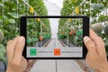 Iot smart farming, agriculture industry 4.0 technology concept, farmer hold the tablet to use augmented mixed virtual reality soft