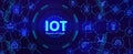Iot technology. Digital banner for internet of things or smart home device network with icons. Futuristic innovation Royalty Free Stock Photo