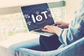 IoT theme with woman using laptop Royalty Free Stock Photo