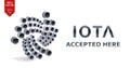 Iota accepted sign emblem. Crypto currency. 3D isometric silver Iota sign with text Accepted Here. Block chain. Stock vector illus