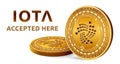 Iota. Accepted sign emblem. Crypto currency. Golden coins with Iota symbol isolated on white background. 3D isometric Physical coi