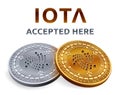 Iota. Accepted sign emblem. Crypto currency. Golden and silver coins with Iota symbol isolated on white background. 3D isometric P