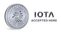 Iota. Accepted sign emblem. Crypto currency. Silver coin with Iota symbol isolated on white background. 3D isometric Physical coin