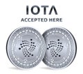 Iota. Accepted sign emblem. Crypto currency. Silver coins with Iota symbol isolated on white background. 3D isometric Physical coi