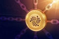 Iota. Crypto currency. Block chain. 3D isometric Physical Iota coin with wireframe chain. Blockchain concept. Editable Cryptocurre