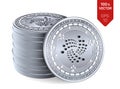 Iota. Crypto currency. 3D isometric Physical coins. Digital currency. Stack of silver coins with Iota symbol isolated on white